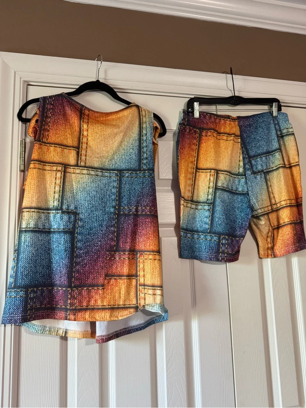 Vibrant Patchwork Print Cold-Shoulder Top with Matching Shorts